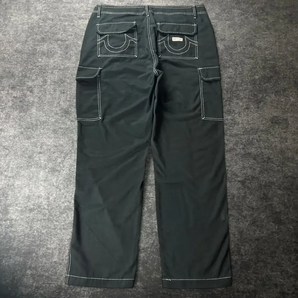 True Religion Men’s 36 Black Baggy Cargo Pants White Stitch Y2K Streetwear